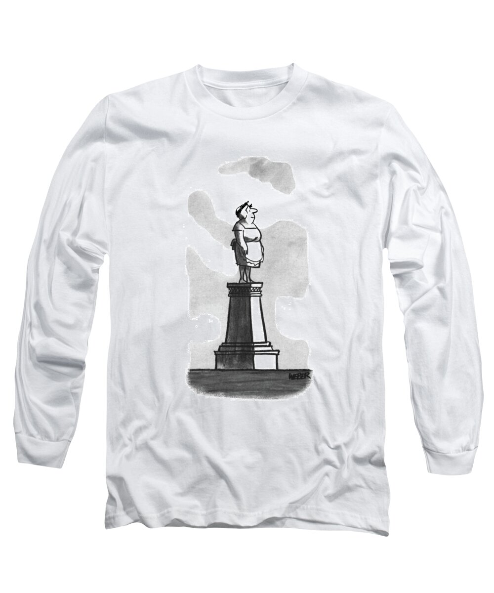 83811 Robert Weber. (mother In Apron Stands On A Pedestal.) Apron Award Day Mom Mother Mother's Mothers Pedestal Ridiculous Sculpture Silly Stands Statue Trophy Wife Woman Long Sleeve T-Shirt featuring the drawing New Yorker April 22nd, 1967 by Robert Weber