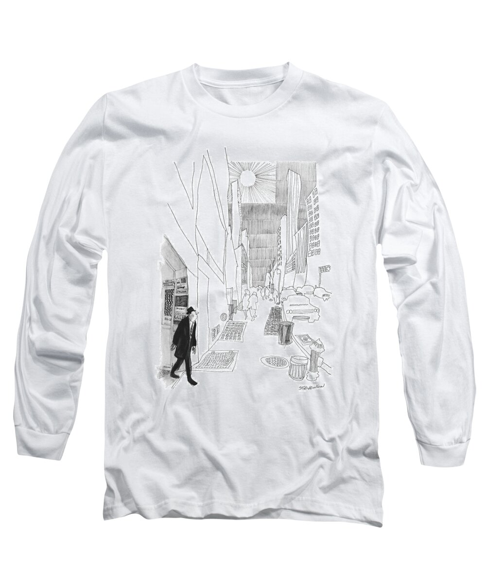 (man Leaving Art Gallery Long Sleeve T-Shirt featuring the drawing New Yorker April 3rd, 1965 by James Stevenson