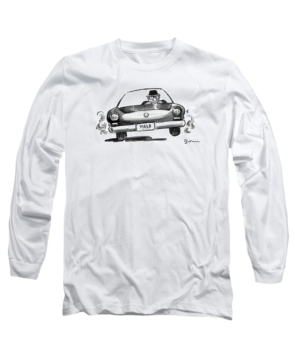 No Caption
A Determined Looking Man Is Driving A Car With The Front License Plate . 
No Caption
A Determined Looking Man Is Driving A Car With The Front License Plate . 
Auto Long Sleeve T-Shirt featuring the drawing New Yorker August 15th, 1988 by Eldon Dedini