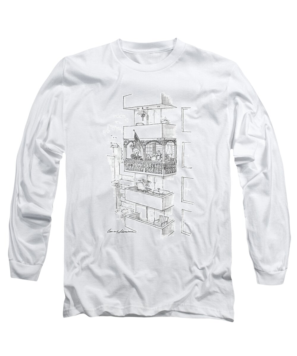 No Caption
High Rise With Completely Modular Terraces Except One Which Is Made To Look Like The Porch To A Victorian House. On It Long Sleeve T-Shirt featuring the drawing New Yorker August 3rd, 1987 by Bernard Schoenbaum