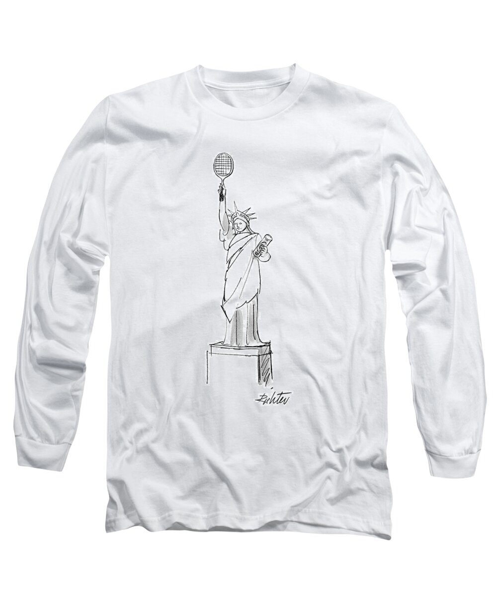 (statue Of Liberty Holds A Tennis Racket And A Can Of Balls.) Regional New York Statue Of Liberty Sport Artkey 44921 Long Sleeve T-Shirt featuring the drawing New Yorker August 8th, 1977 by Mischa Richter