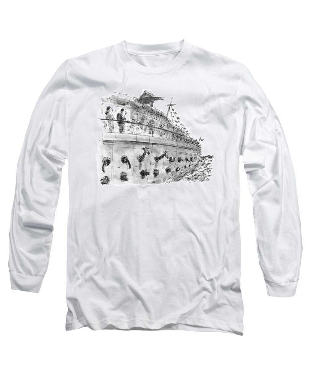 (a Passenger On A Pleasure Cruise Looks Down And Sees Animals Popping Their Heads Out Of Portholes Long Sleeve T-Shirt featuring the drawing New Yorker December 24th, 1990 by James Stevenson
