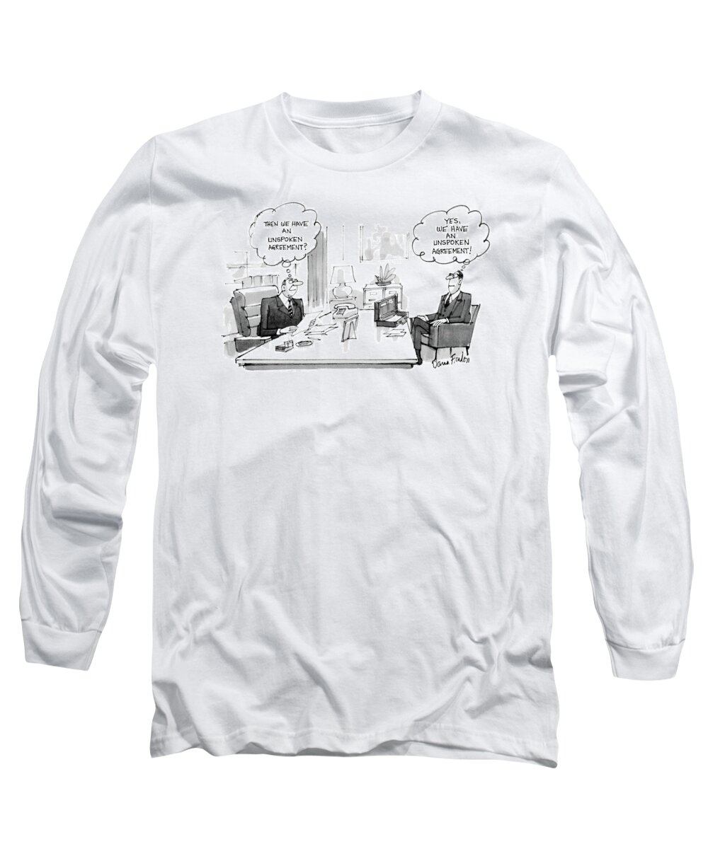 (two Men Sit In An Office Long Sleeve T-Shirt featuring the drawing New Yorker December 30th, 1985 by Dana Fradon