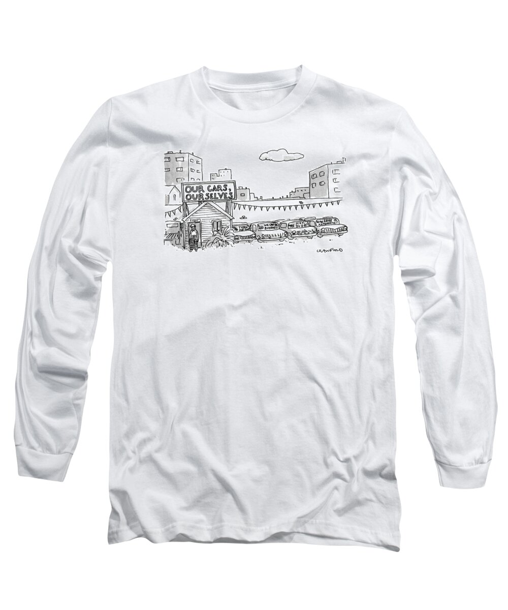 (a Used Car Lot With A Sign That Says  Refers To The Feminist Book.)
Writing Long Sleeve T-Shirt featuring the drawing New Yorker January 1st, 1990 by Michael Crawford