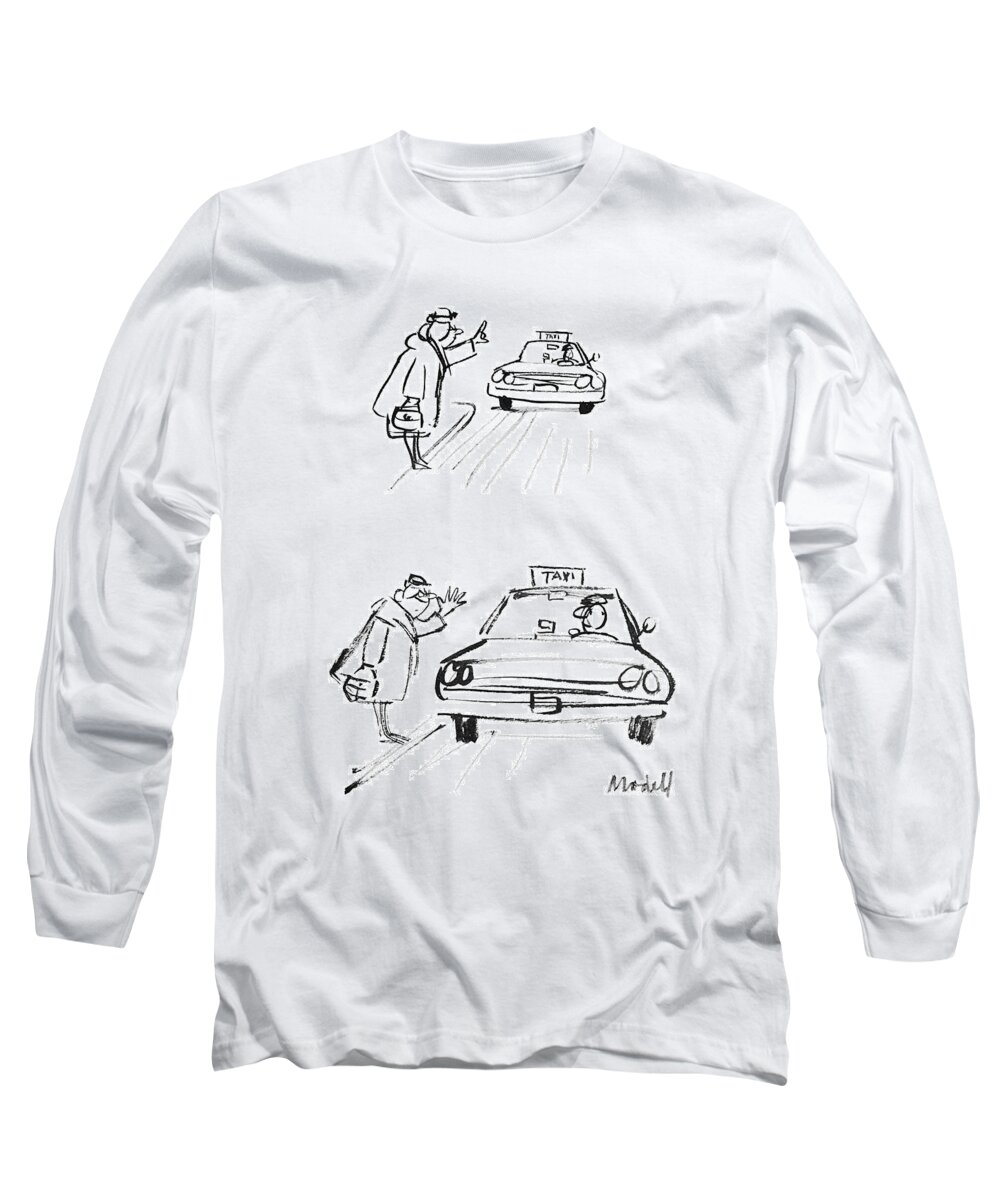 (woman Hails Cab. When It Stops Long Sleeve T-Shirt featuring the drawing New Yorker January 2nd, 1971 by Frank Modell