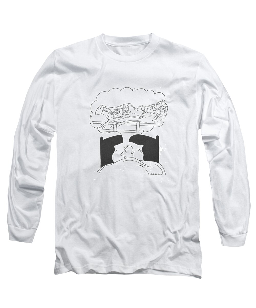 112753 Oso Otto Soglow Man Counting Sheep Long Sleeve T-Shirt featuring the drawing New Yorker July 17th, 1943 by Otto Soglow