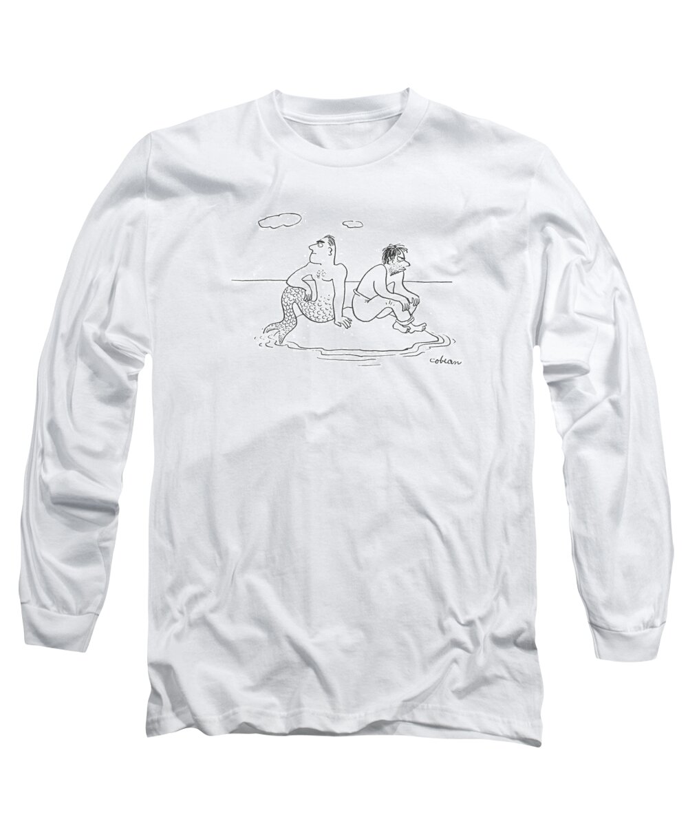 116476 Sco Sam Cobean A Man Is Stranded On An Island With A Merman. Beach Caribbean Desert Deserted ?sh Island Islands Isle Man Mermaid Mermaids Merman Mermen Ocean Oceans Paci?c Problems Rescue Sea Seas Shipwrecked South Stranded Water Long Sleeve T-Shirt featuring the drawing New Yorker July 29th, 1944 by Sam Cobean