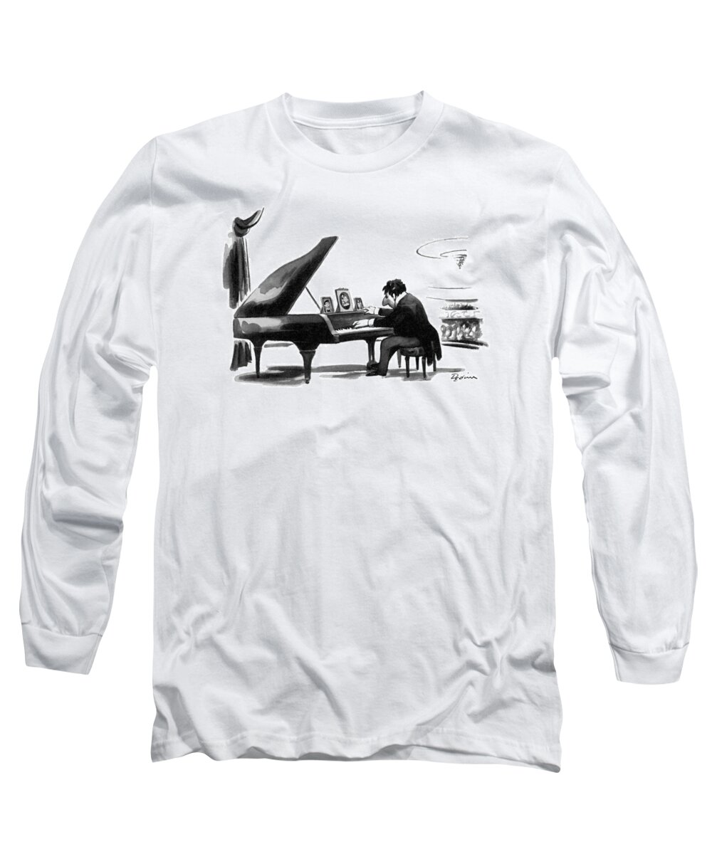 (a Pianist In Concert Has Desk-type Photographs Of His Family On The Grand Piano In Front Of Him.) Family Long Sleeve T-Shirt featuring the drawing New Yorker July 30th, 1979 by Eldon Dedini