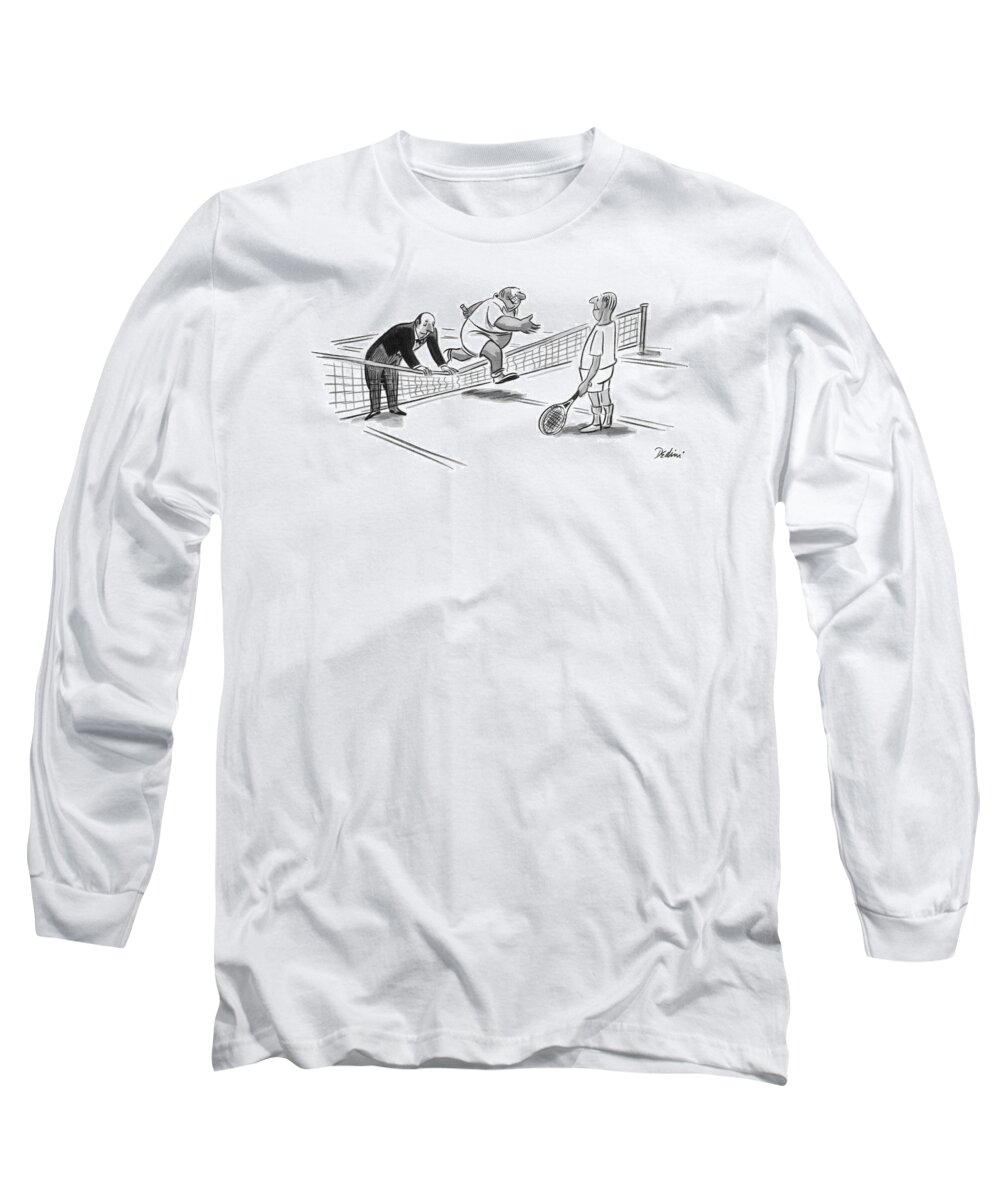 (butler Is Holding Down The Tennis Net For His Master To Jump Over.) Service Money Rich Sports Leisure Artkey 44925 Long Sleeve T-Shirt featuring the drawing New Yorker June 23rd, 1956 by Eldon Dedini