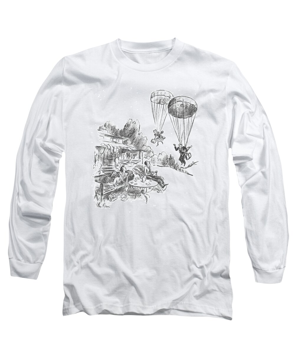 110395 Adu Alan Dunn Weekend Guests Arriving By Parachute. Arriving Bail Dropping ?ies ?ight ?y ?ying Guest Guests Parachute Parachuting Plane Planes Unexpected Visit Visitor Visitors Weekend Long Sleeve T-Shirt featuring the drawing New Yorker May 25th, 1940 by Alan Dunn