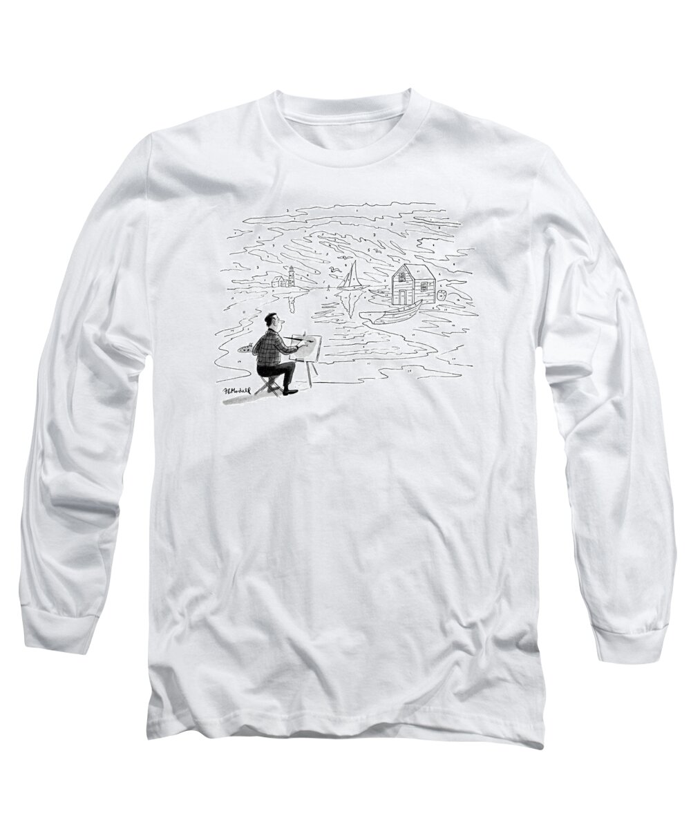 97598 Fmo Frank Modell (artist About To Paint An Outdoor Scene Sees Numbers On Everything Long Sleeve T-Shirt featuring the drawing New Yorker November 21st, 1953 by Frank Modell