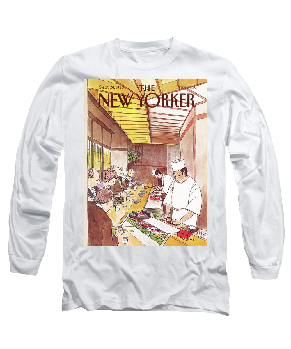 (japanese Chefs Prepare Dinners At Sushi Bar For Seated Customers.) Dining High Class Foreign Japan Sashimi Restaurants Charles Saxon Csa Artkey 46217 Long Sleeve T-Shirt featuring the painting New Yorker September 26th, 1983 by Charles Saxon