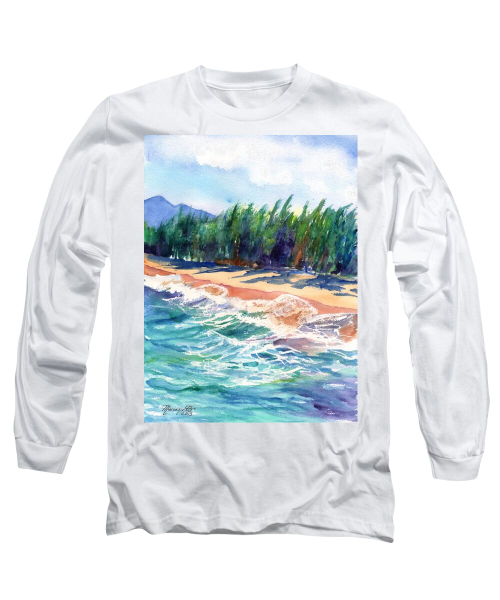 Kauai Ocean Watercolor Long Sleeve T-Shirt featuring the painting North Shore Beach 2 by Marionette Taboniar