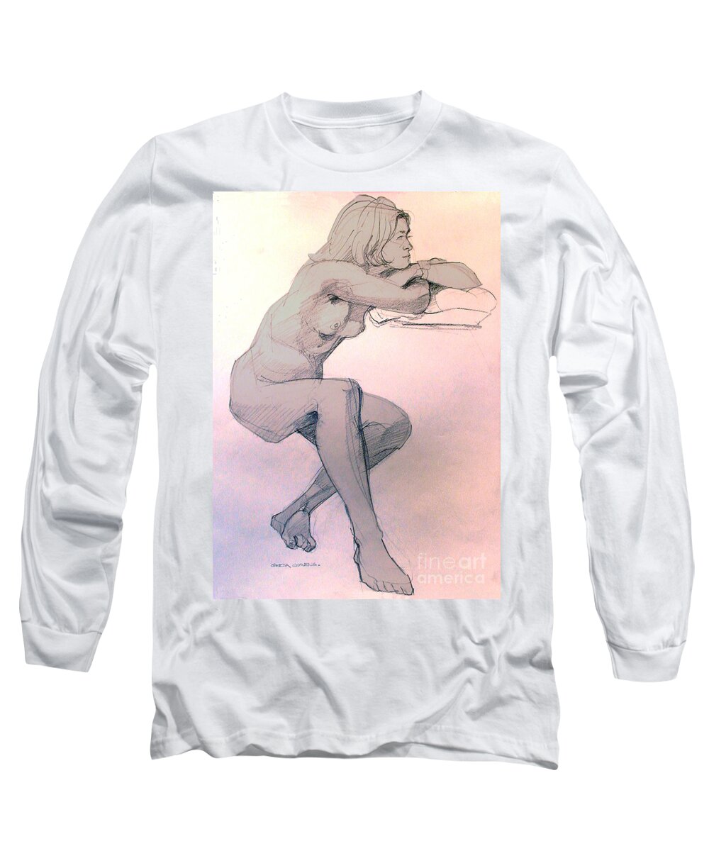 Nude Long Sleeve T-Shirt featuring the drawing Nude of a dreamy young woman by Greta Corens