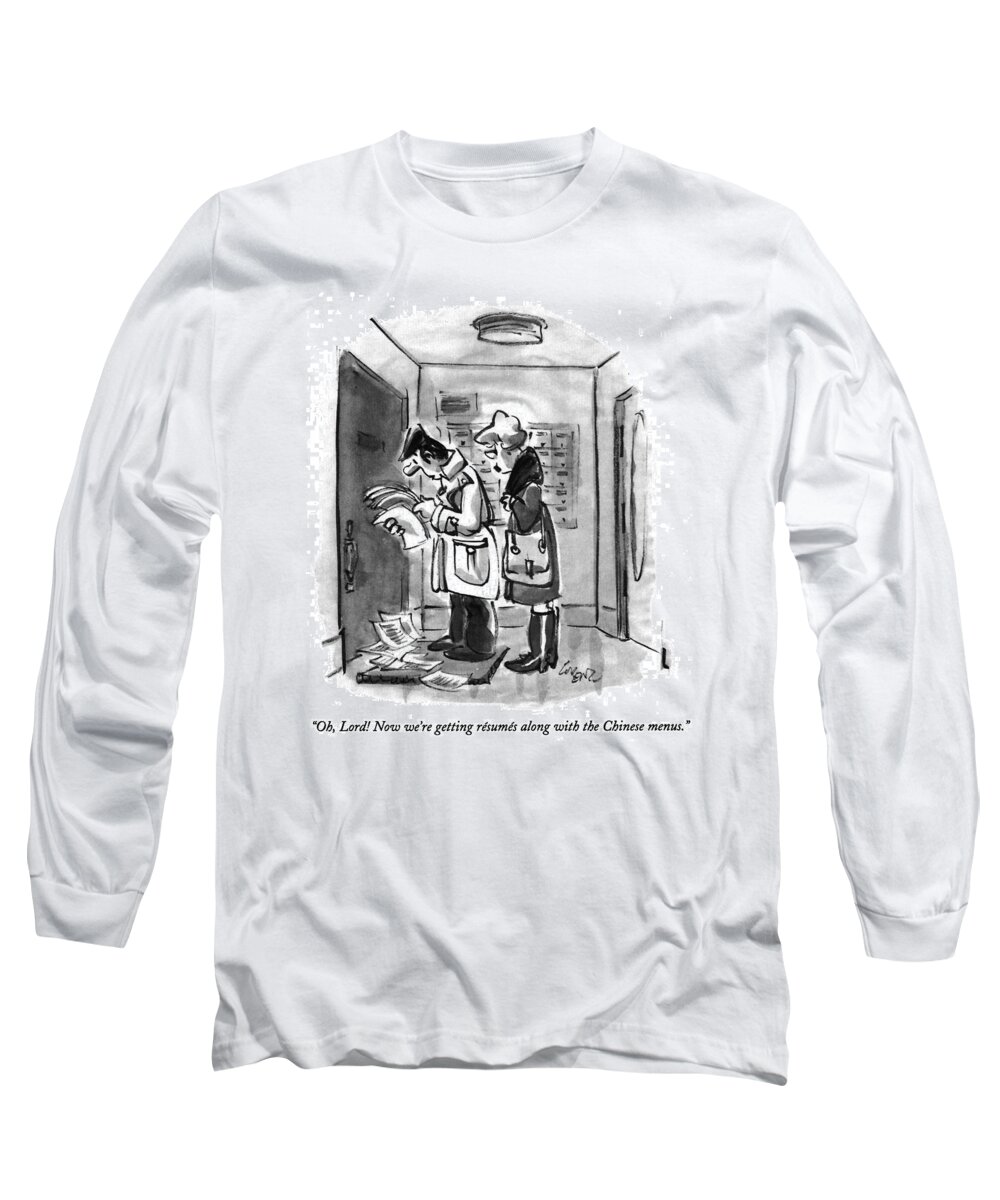 
(man Says To Wife As He Flips Through Piles Of Paper Outside Their Apartment Door)
Urban Long Sleeve T-Shirt featuring the drawing Oh, Lord! Now We're Getting Resumes by Lee Lorenz