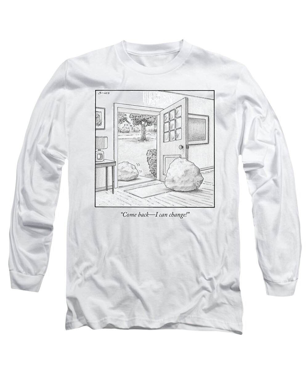 Boulders Long Sleeve T-Shirt featuring the drawing One Boulder Speaks To Another Boulder That by Harry Bliss