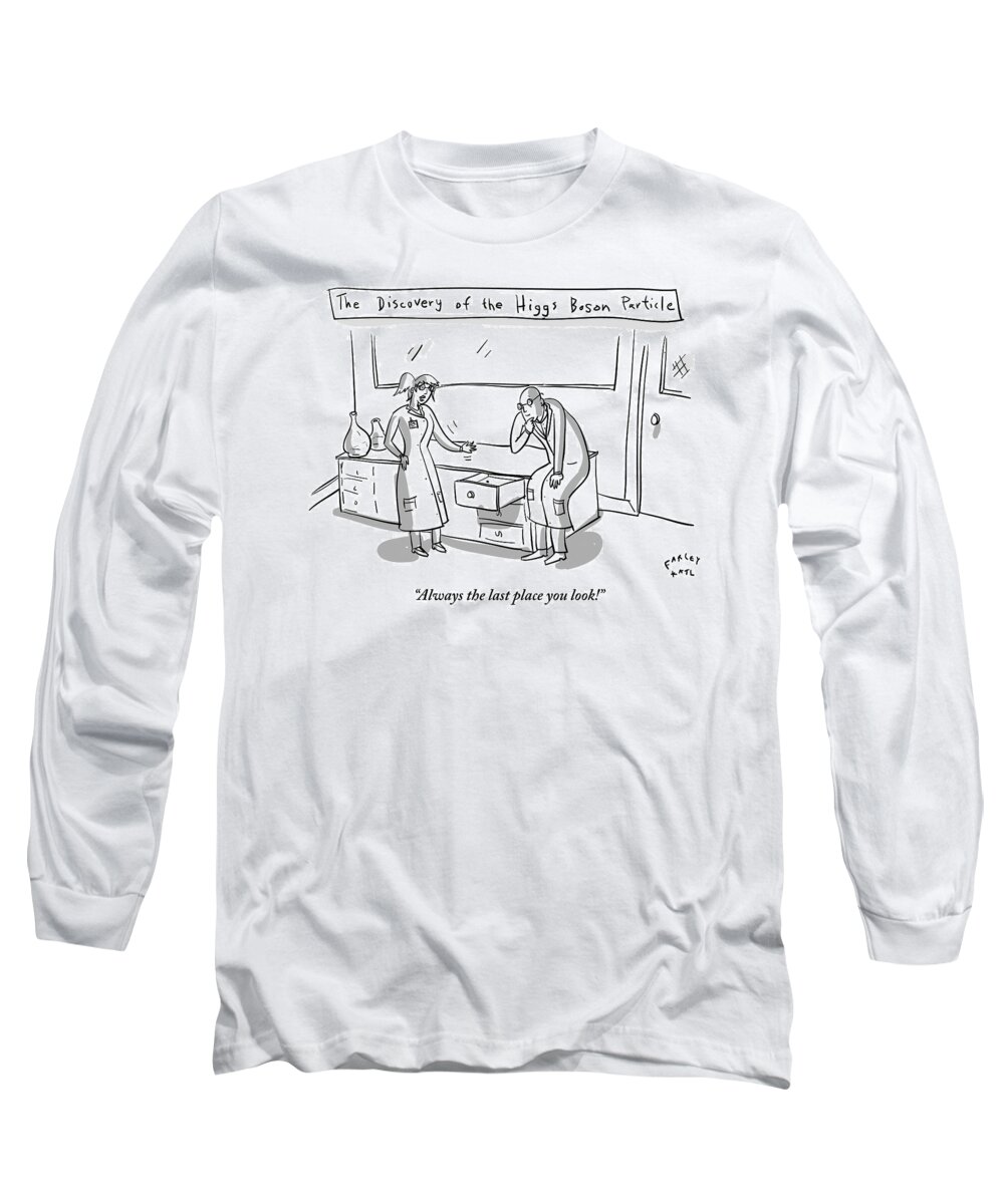 Higgs Boson Long Sleeve T-Shirt featuring the drawing One Female Scientist In A Lab Coat Speaks by Farley Katz