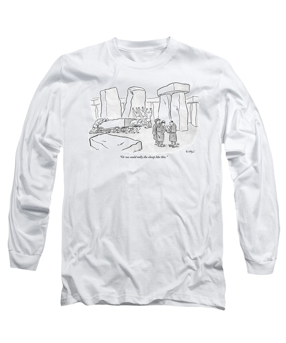 Stonehenge Long Sleeve T-Shirt featuring the drawing One Mans Shows A Stone Tablet With Tally Marks by Robert Leighton