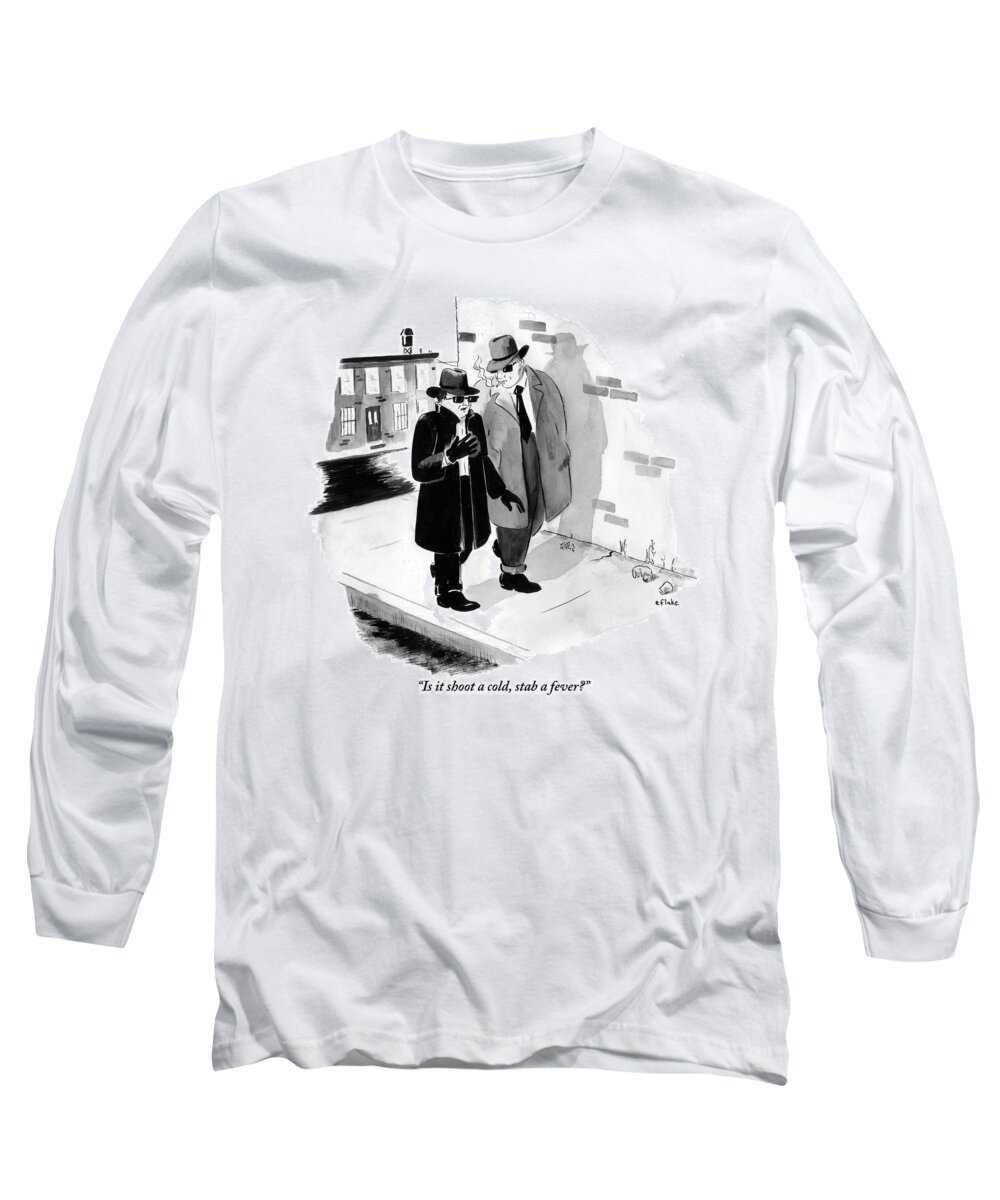 Colds Long Sleeve T-Shirt featuring the drawing One Shady-looking Man Wearing A Black Overcoat by Emily Flake