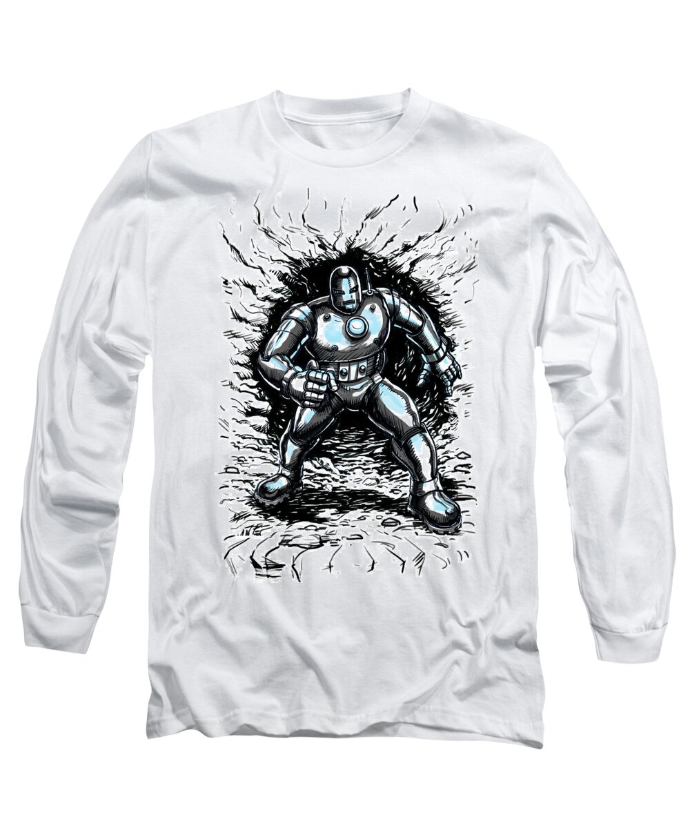 Iron Man Long Sleeve T-Shirt featuring the drawing One Small Step for Iron Man by John Ashton Golden