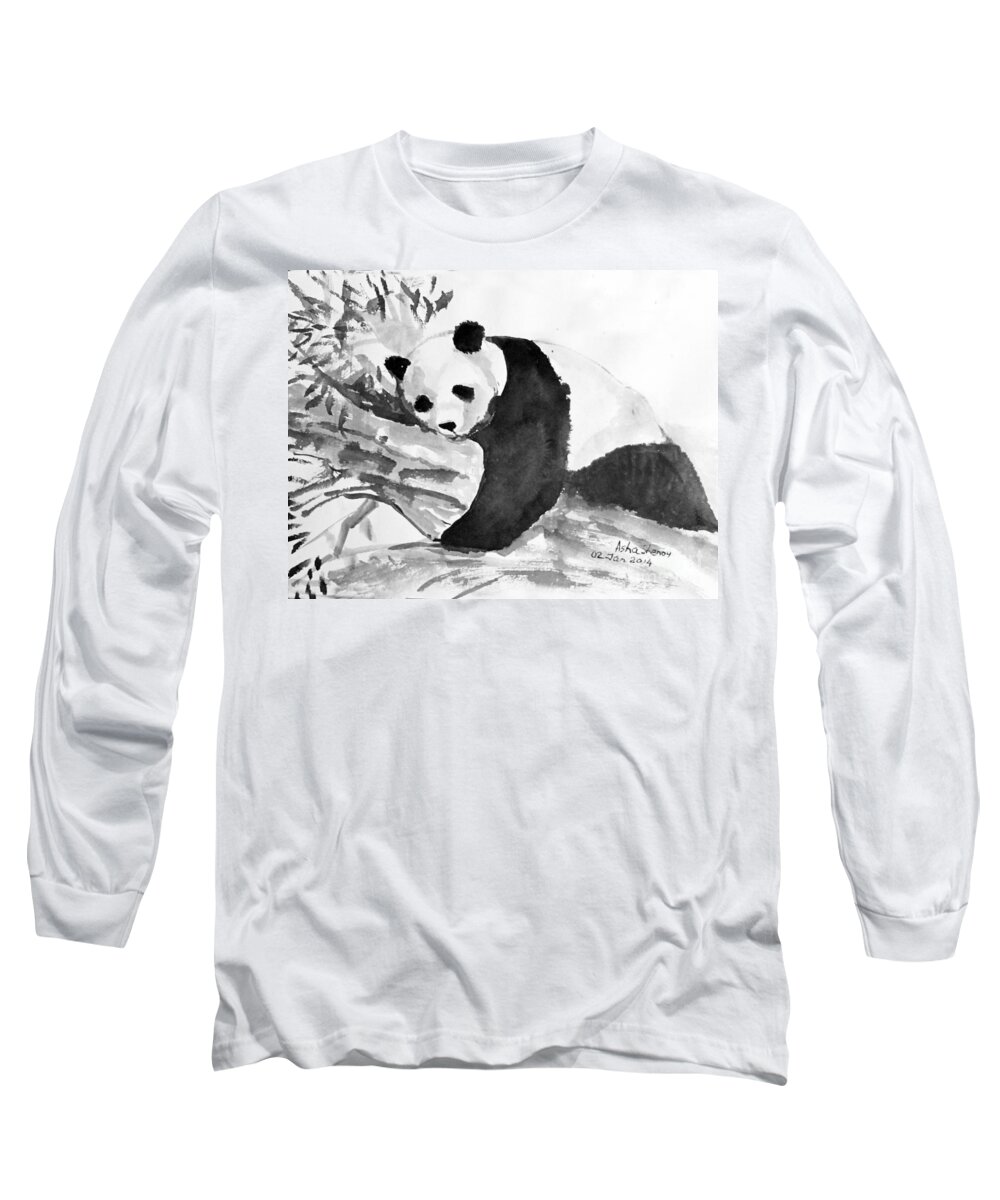 Sumi-e Long Sleeve T-Shirt featuring the painting Panda by Asha Sudhaker Shenoy
