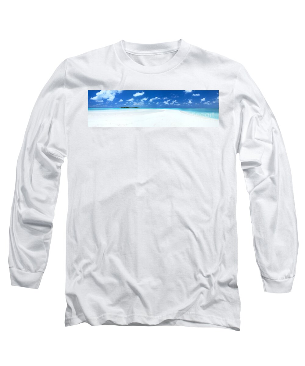 Tropical Long Sleeve T-Shirt featuring the photograph Panorama of deserted sandy beach and island Maldives by Matteo Colombo