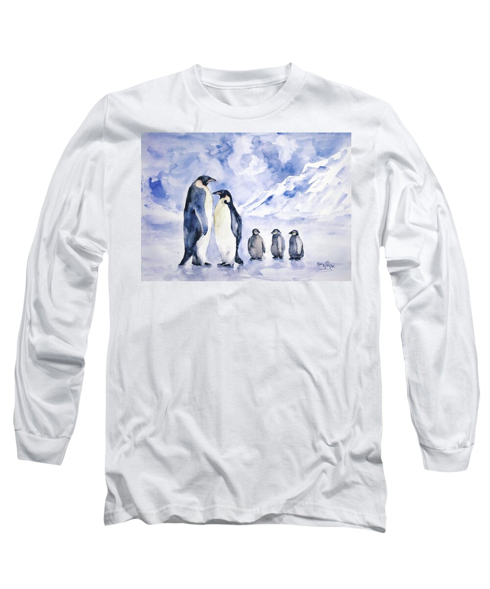Penguin Long Sleeve T-Shirt featuring the painting Penguin Family by Faruk Koksal