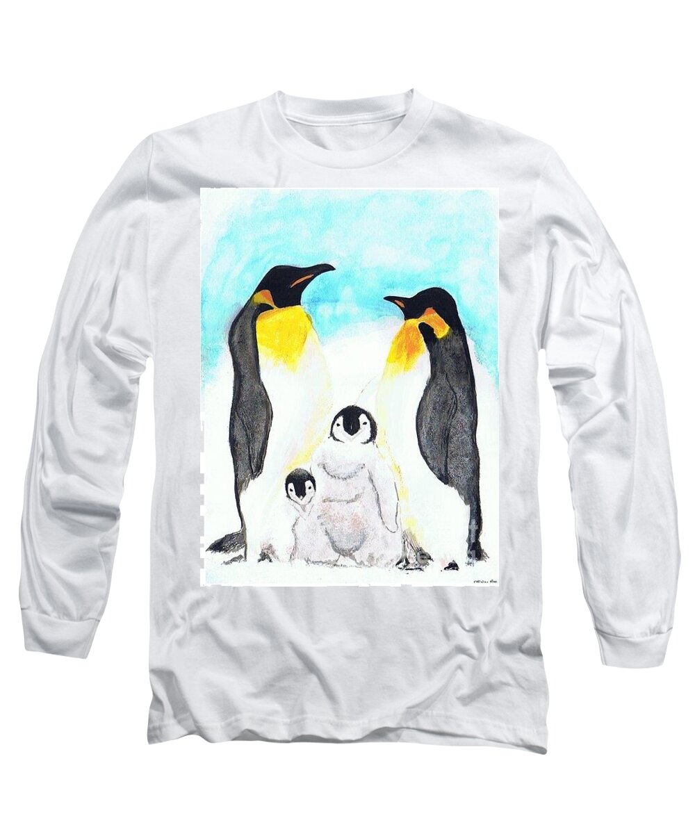 Emperor Penguins Long Sleeve T-Shirt featuring the painting Penguins by Denise Railey