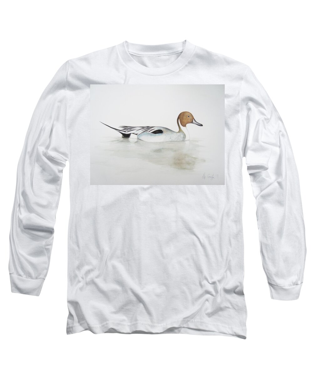 Duck; Brown; Beak; Bill; Feather; Water; Reflection Long Sleeve T-Shirt featuring the painting Pintail Duck by Ele Grafton