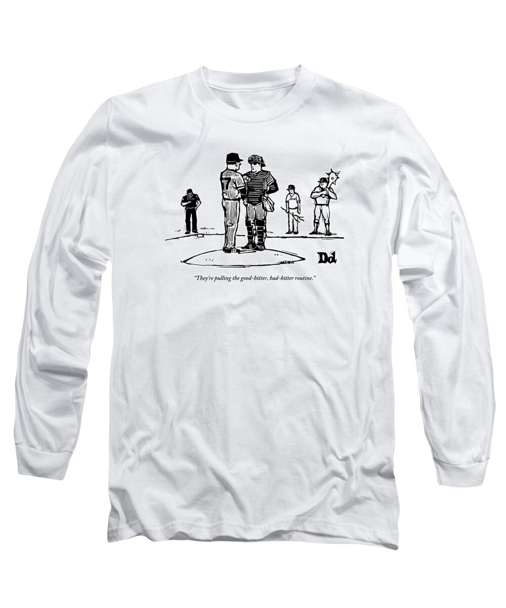 Baseball Long Sleeve T-Shirt featuring the drawing Pitcher And Catcher Stand On Pitcher's Mound by Drew Dernavich
