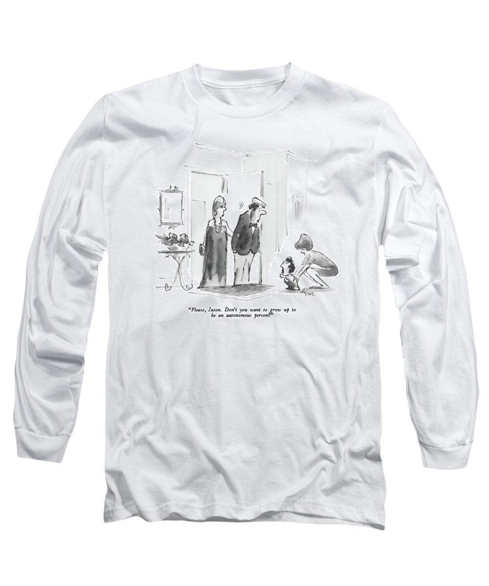 
Father To Small Son Who Is Crying Because He Is Being Left With A Baby-sitter As His Parents Go Out. Children Long Sleeve T-Shirt featuring the drawing Please, Jason. Don't You Want To Grow Up To Be An by Lee Lorenz
