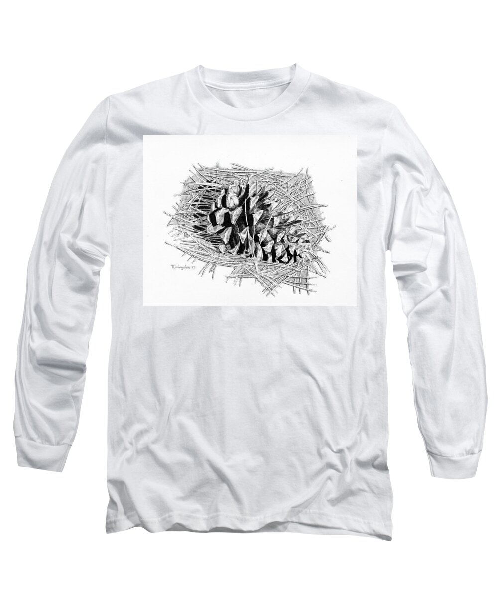 Pen Long Sleeve T-Shirt featuring the drawing Ponderosa Pine Cone by Timothy Livingston