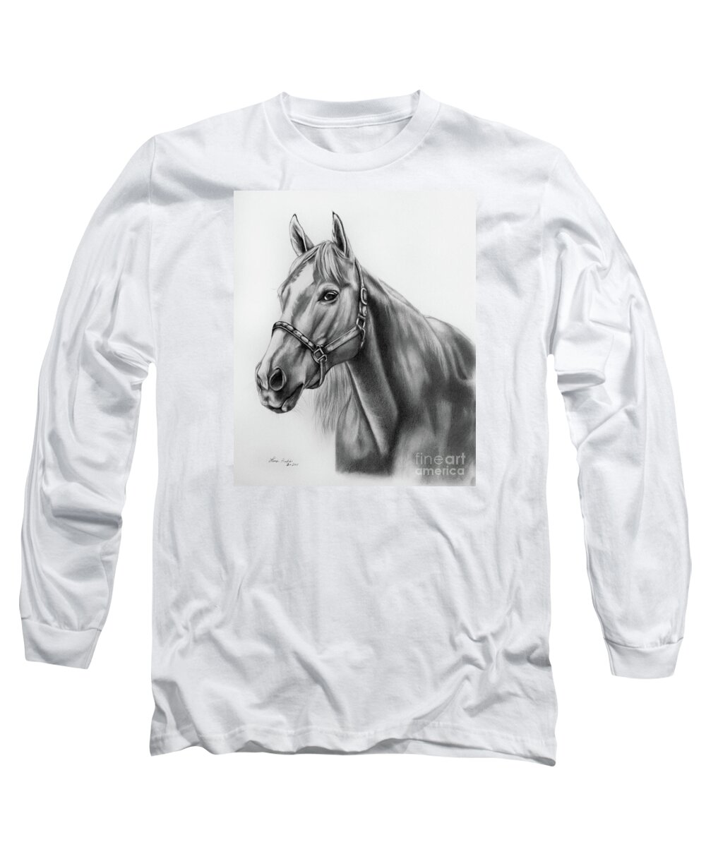 Portrait Long Sleeve T-Shirt featuring the drawing Portrait of a Horse by Lena Auxier