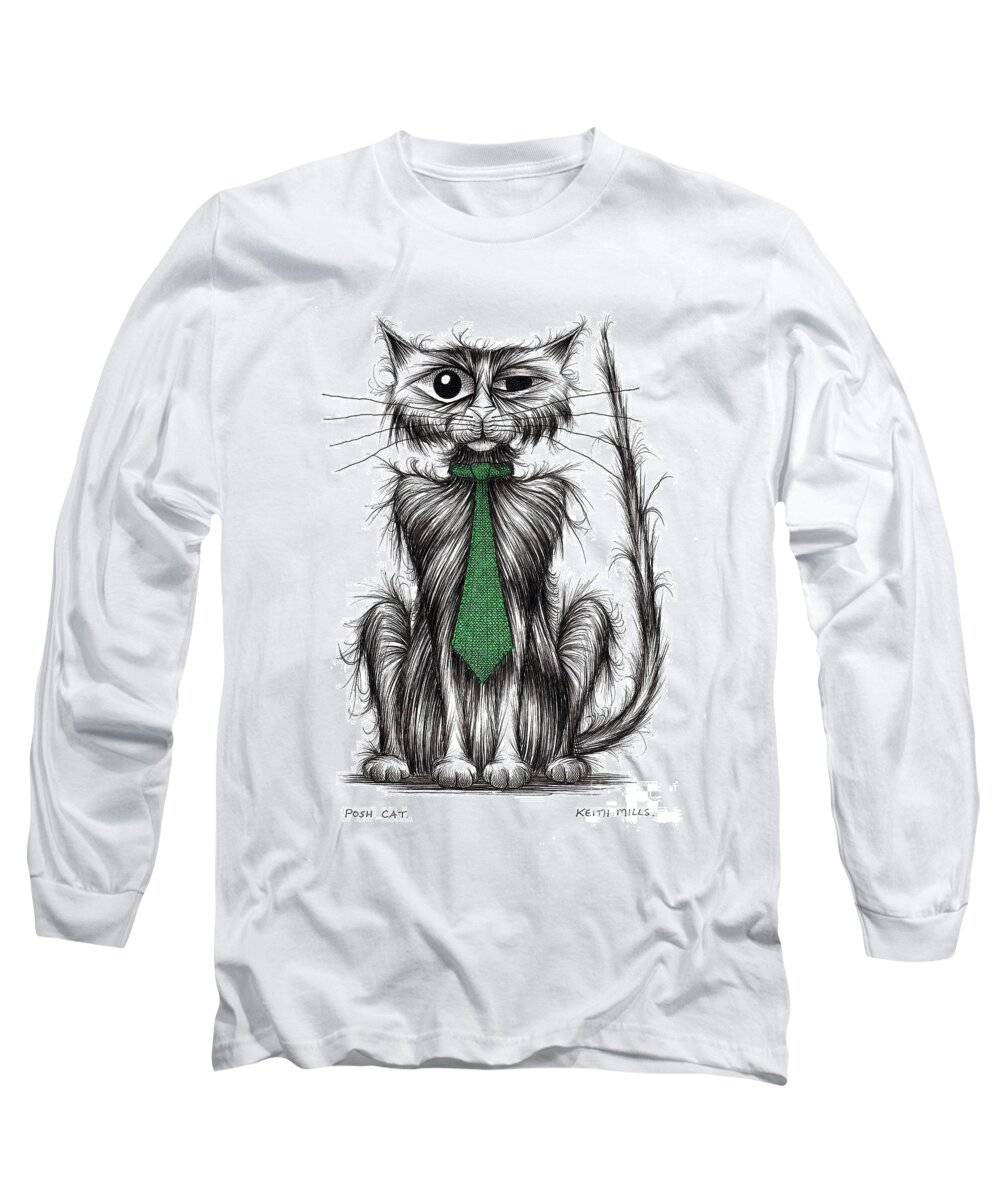 Dapper Kitty Long Sleeve T-Shirt featuring the drawing Posh cat by Keith Mills
