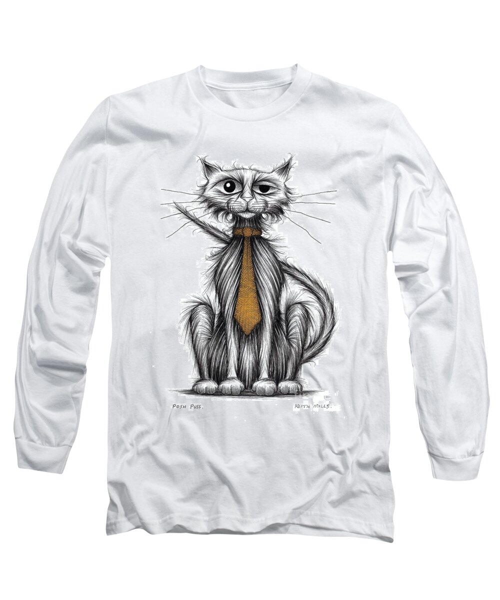 Dapper Cat Long Sleeve T-Shirt featuring the drawing Posh puss by Keith Mills