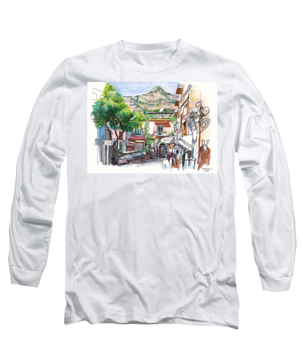 Amalfi Long Sleeve T-Shirt featuring the painting Positano Boutiques on the Amalfi Coast of Italy by Dai Wynn
