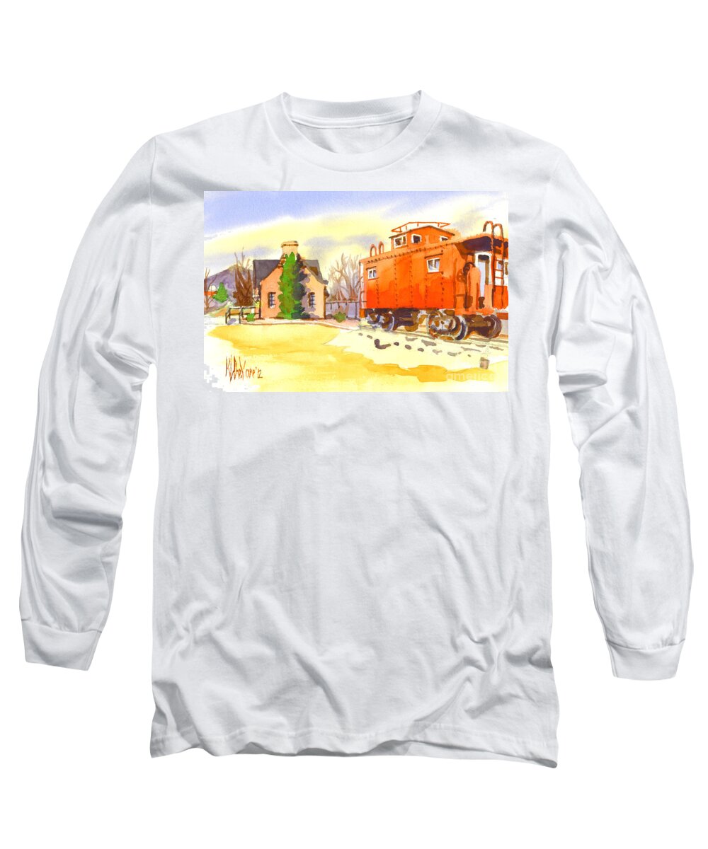 Red Caboose At Whistle Junction Ironton Missouri Long Sleeve T-Shirt featuring the painting Red Caboose at Whistle Junction Ironton Missouri by Kip DeVore