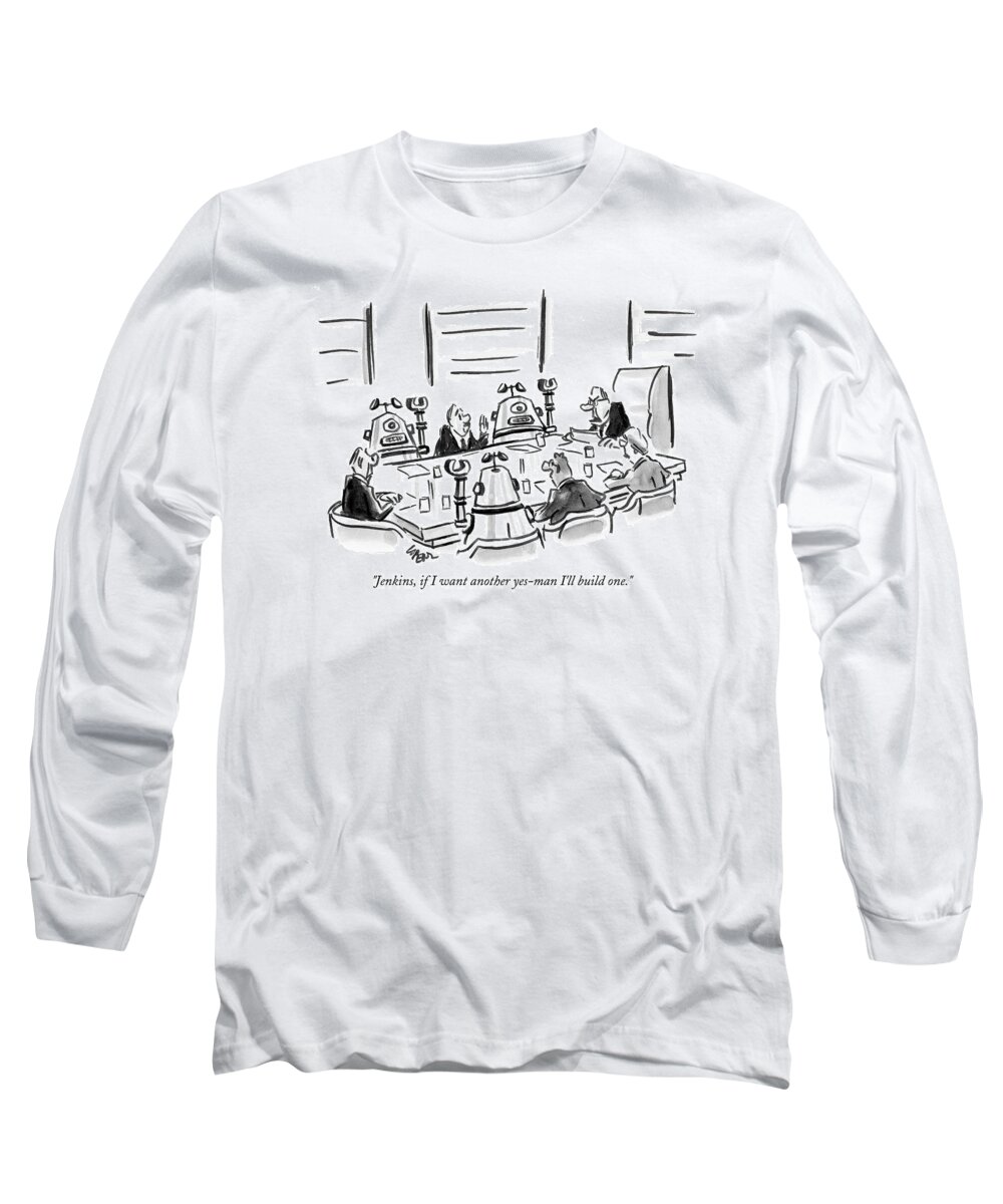 Office Long Sleeve T-Shirt featuring the drawing Robots And Businessmen Sitting Around A Board by Lee Lorenz