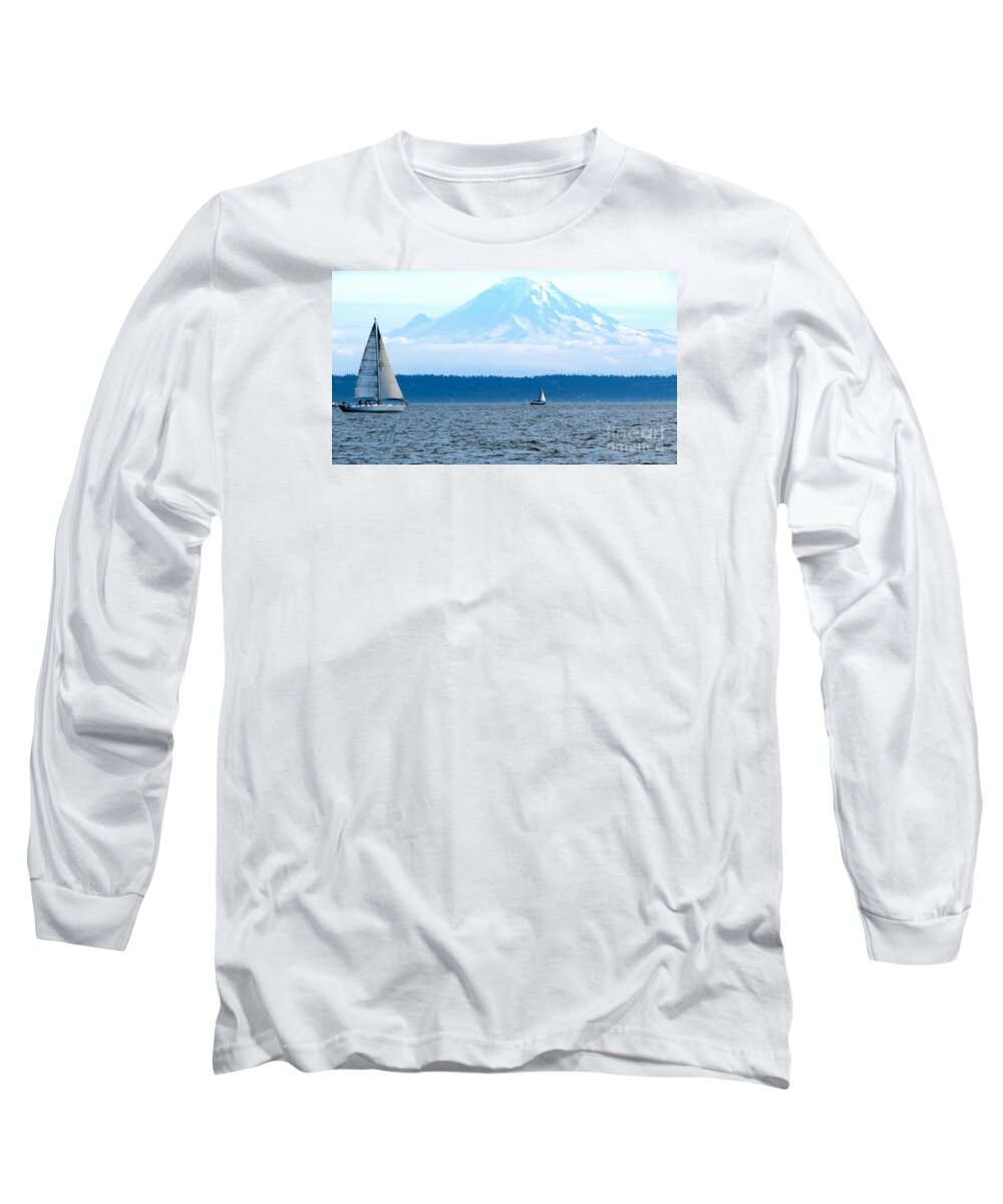 Mt. Rainier Long Sleeve T-Shirt featuring the photograph Sailing in Mt. Rainier's shadow by LeLa Becker