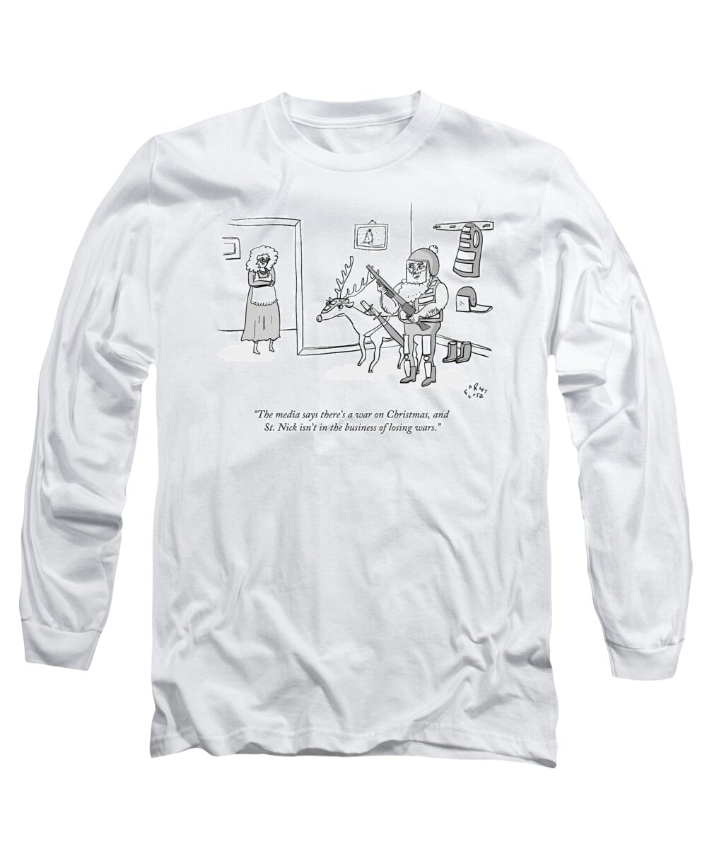 Christmas Long Sleeve T-Shirt featuring the drawing Santa Claus Holds An Assault Rifle by Farley Katz