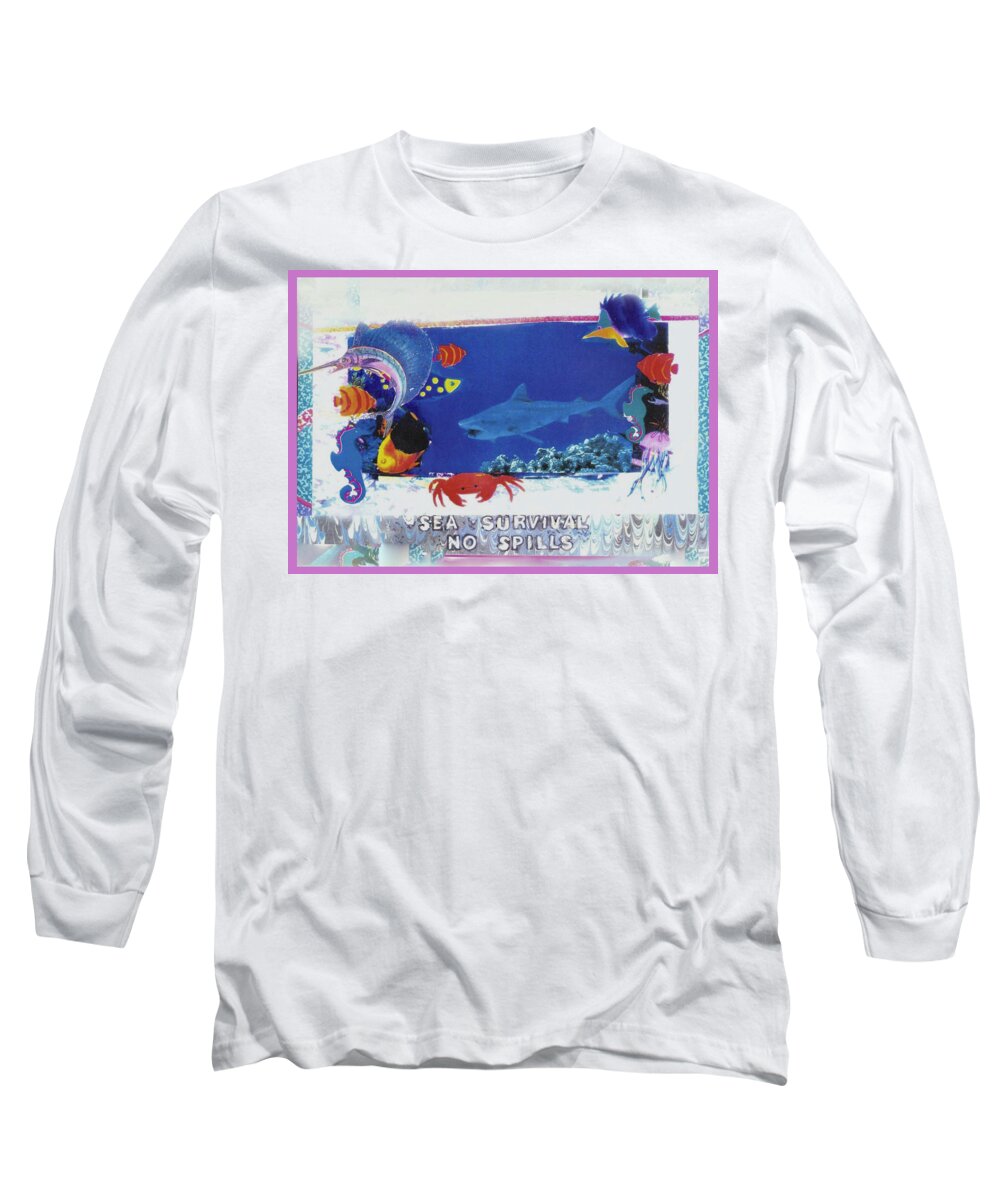 Sea Long Sleeve T-Shirt featuring the mixed media Sea Survival No Spills by Mary Ann Leitch