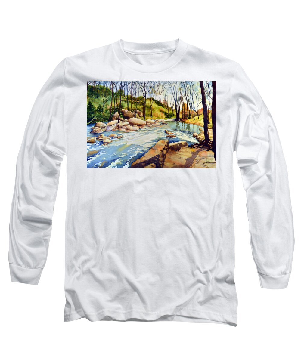 Watercolor Long Sleeve T-Shirt featuring the painting Shallow Water Rapids by Mick Williams