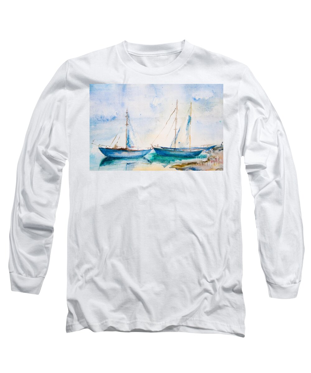 Art Long Sleeve T-Shirt featuring the painting Ships in the sea by Regina Jershova