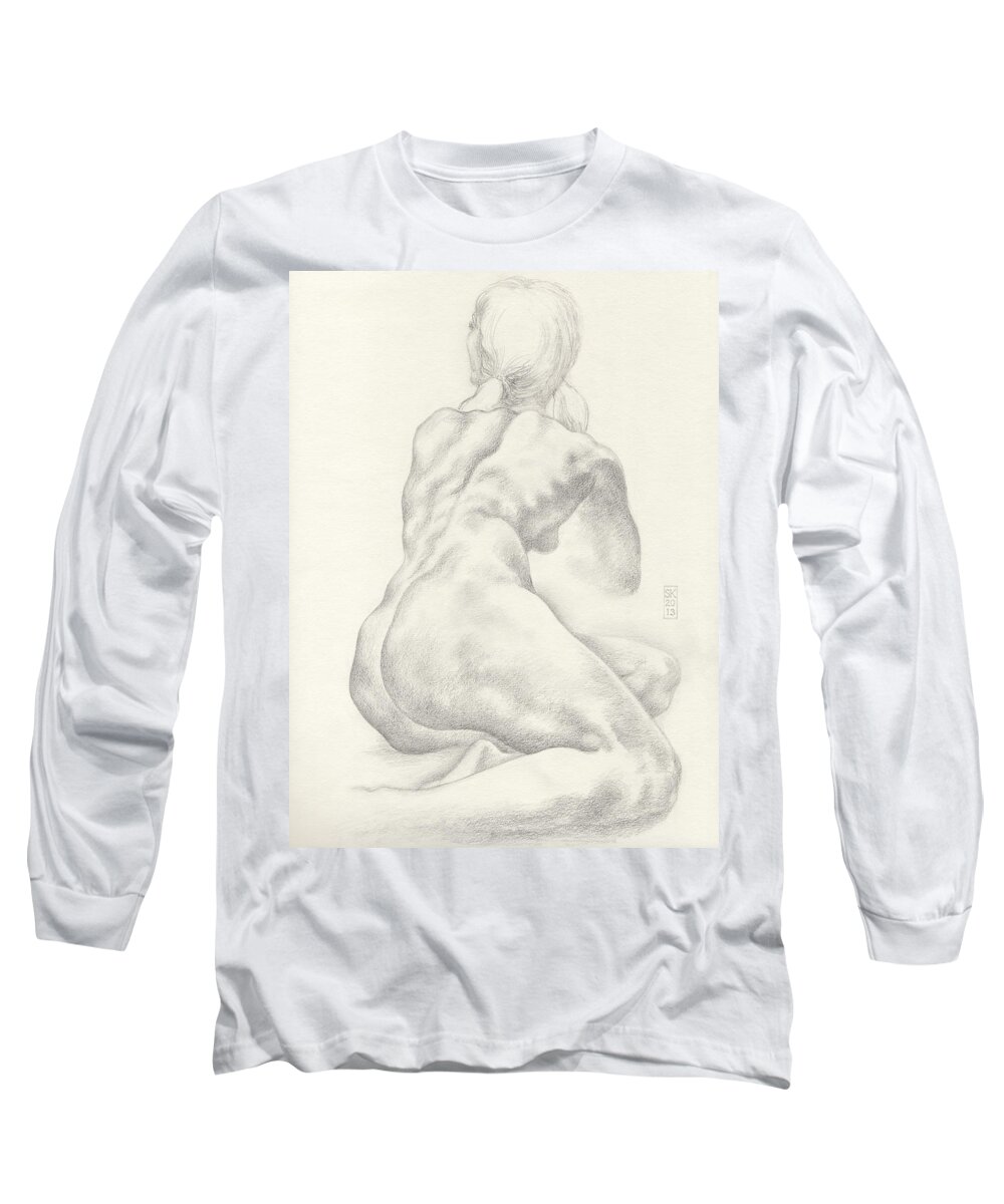 Female Nude Long Sleeve T-Shirt featuring the drawing Sitting Female Nude in 4B Graphite with Twin Pony Tails Seen from Behind Looking Up to Her Left by Scott Kirkman