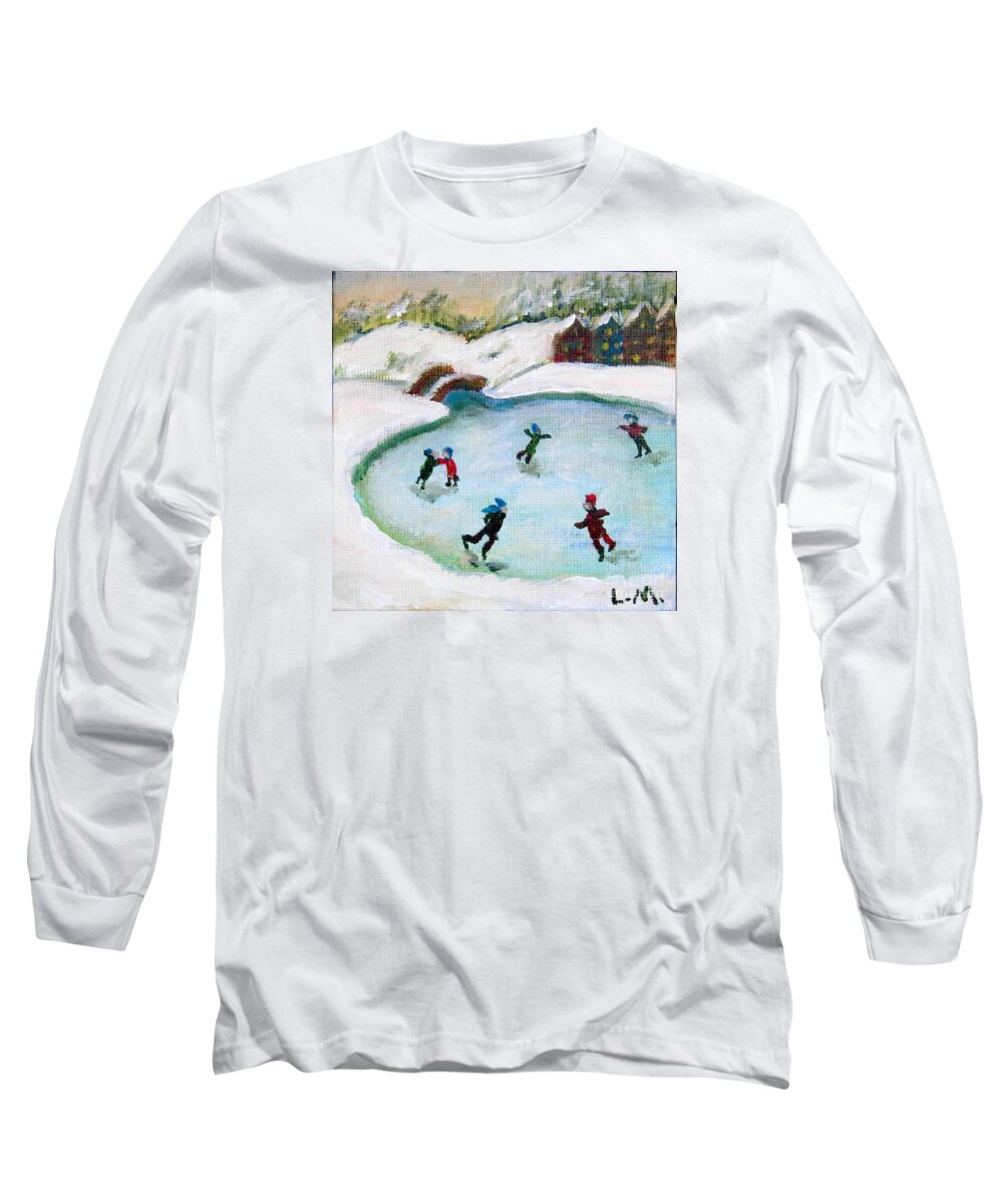 Ice Skate Long Sleeve T-Shirt featuring the painting Skating Pond by Laurie Morgan