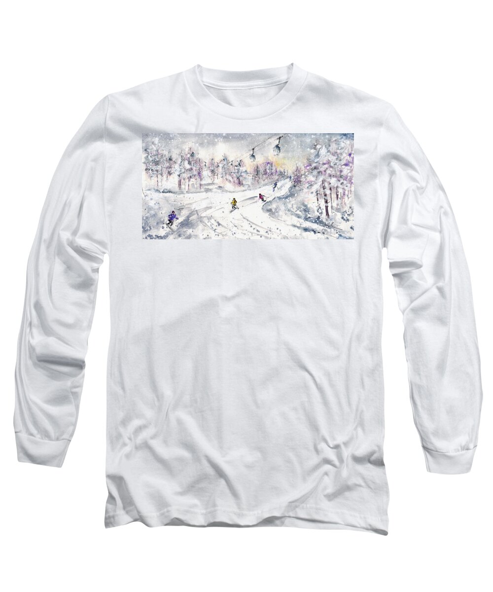 Travel Long Sleeve T-Shirt featuring the painting Skiing In The Dolomites In Italy 01 by Miki De Goodaboom