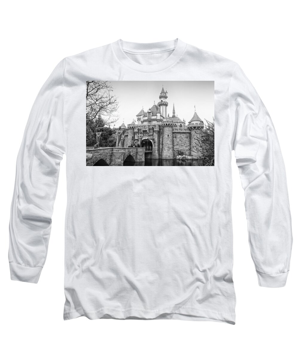 Mickey Mouse Long Sleeve T-Shirt featuring the photograph Sleeping Beauty Castle Disneyland Side View BW by Thomas Woolworth