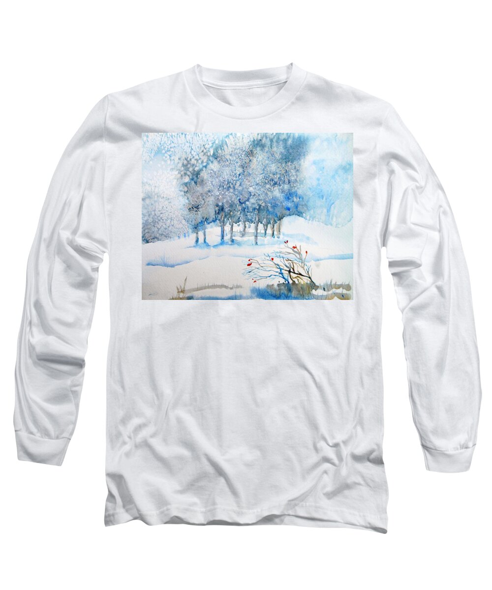 Dramatic Snowfalls Long Sleeve T-Shirt featuring the painting Snow Blizzard in the Grove by Trudi Doyle