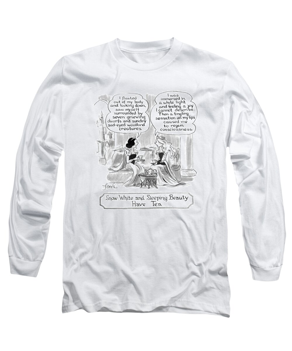 Characters Long Sleeve T-Shirt featuring the drawing Snow White And Sleeping Beauty Have Tea by Edward Frascino