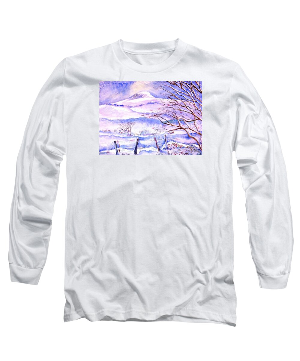 Snowfall Long Sleeve T-Shirt featuring the painting Snowfall on Eagle Hill Hacketstown Ireland by Trudi Doyle